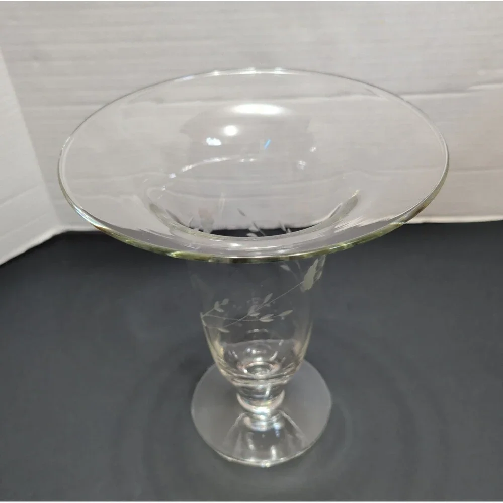 Vtg Etched Clear Glass Footed Trumpet Vase – 9